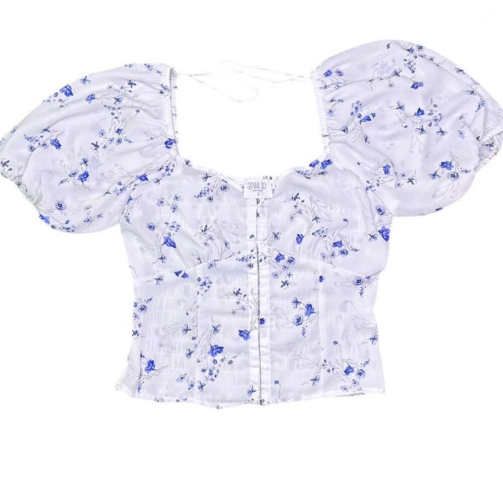 Sienna Sky floral puff sleeve corset like crop top with smocked back Size S